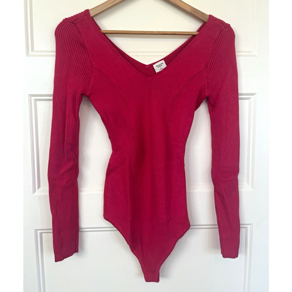Abercrombie & Fitch Pink Solid V-Neck Long Sleeve Bodysuit Womens Size M